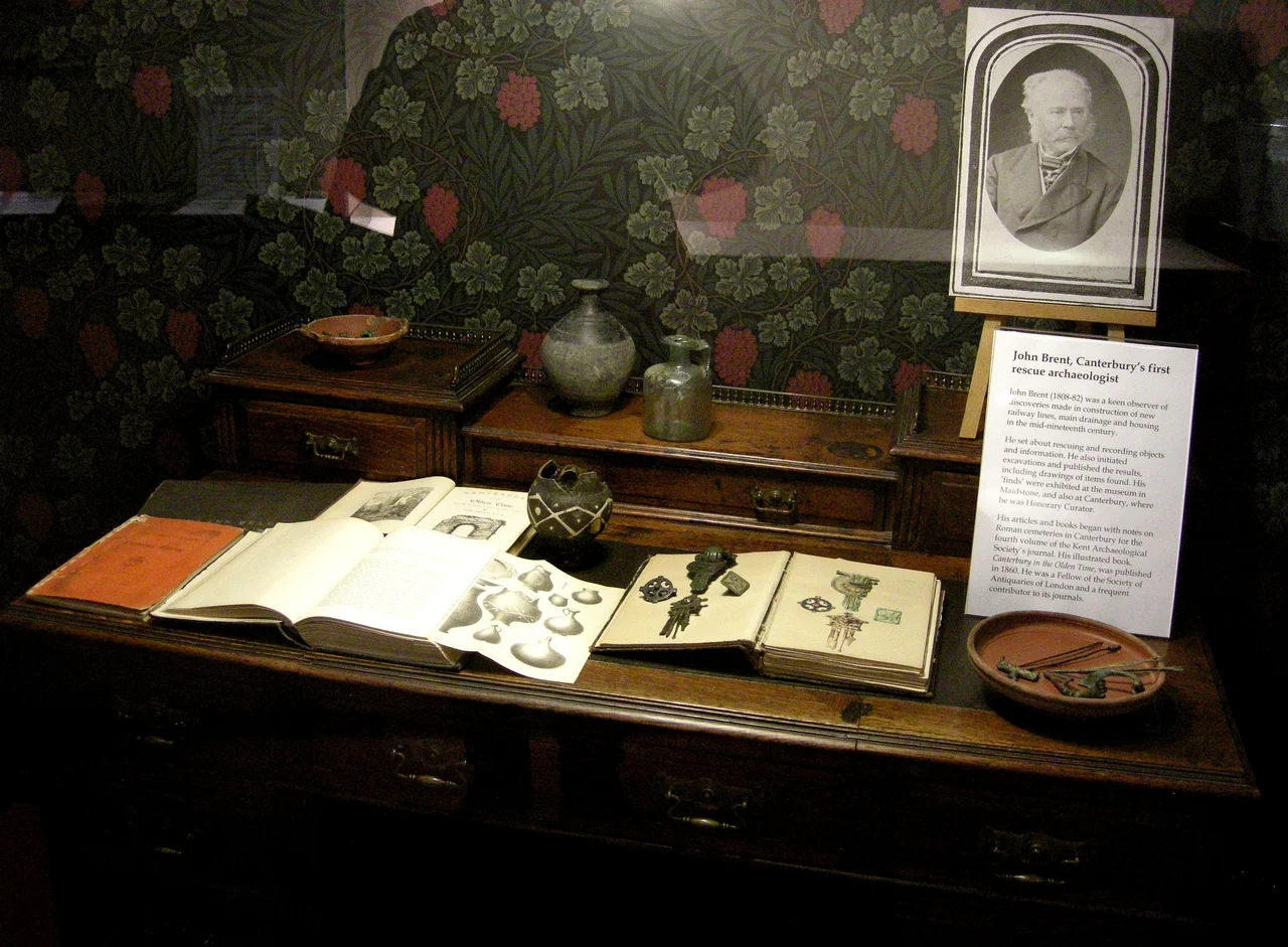 Roman Museum in Butchery Lane, Canterbury, Kent. Display commemorating archaeologist John Brent (1808-82) who was Canterbury's first rescue archaeologist.