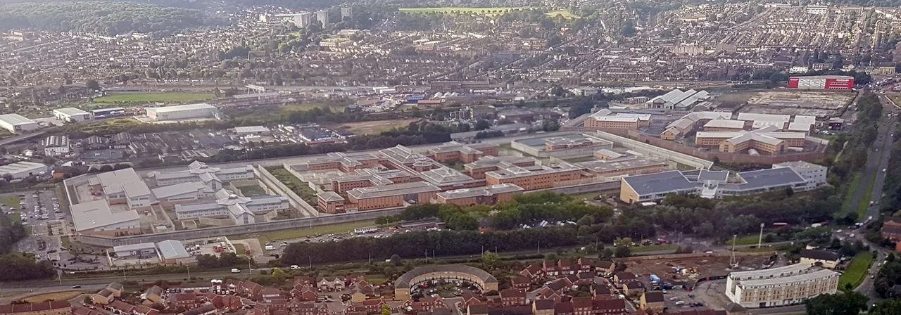 Aerial view of HM Prisons Isis, Belmarsh and Thameside in Thamesmead West, London.