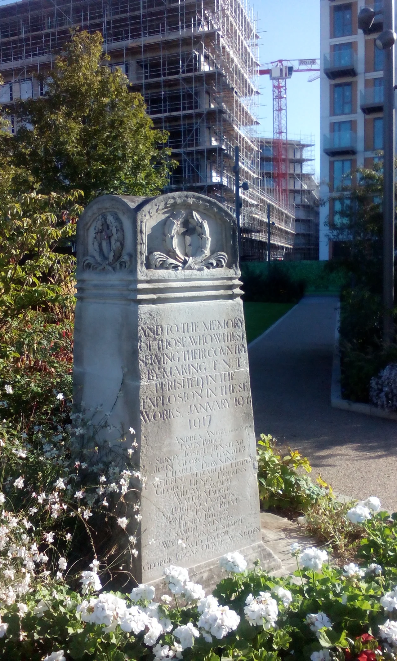 Memorial to the Silvertown Explosion in its new location in the middle of the Royal Wharf development.