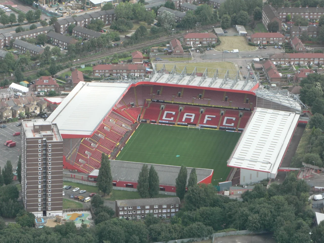 An aerial shot of The Valley, the home of Charlton Athletic F.C..