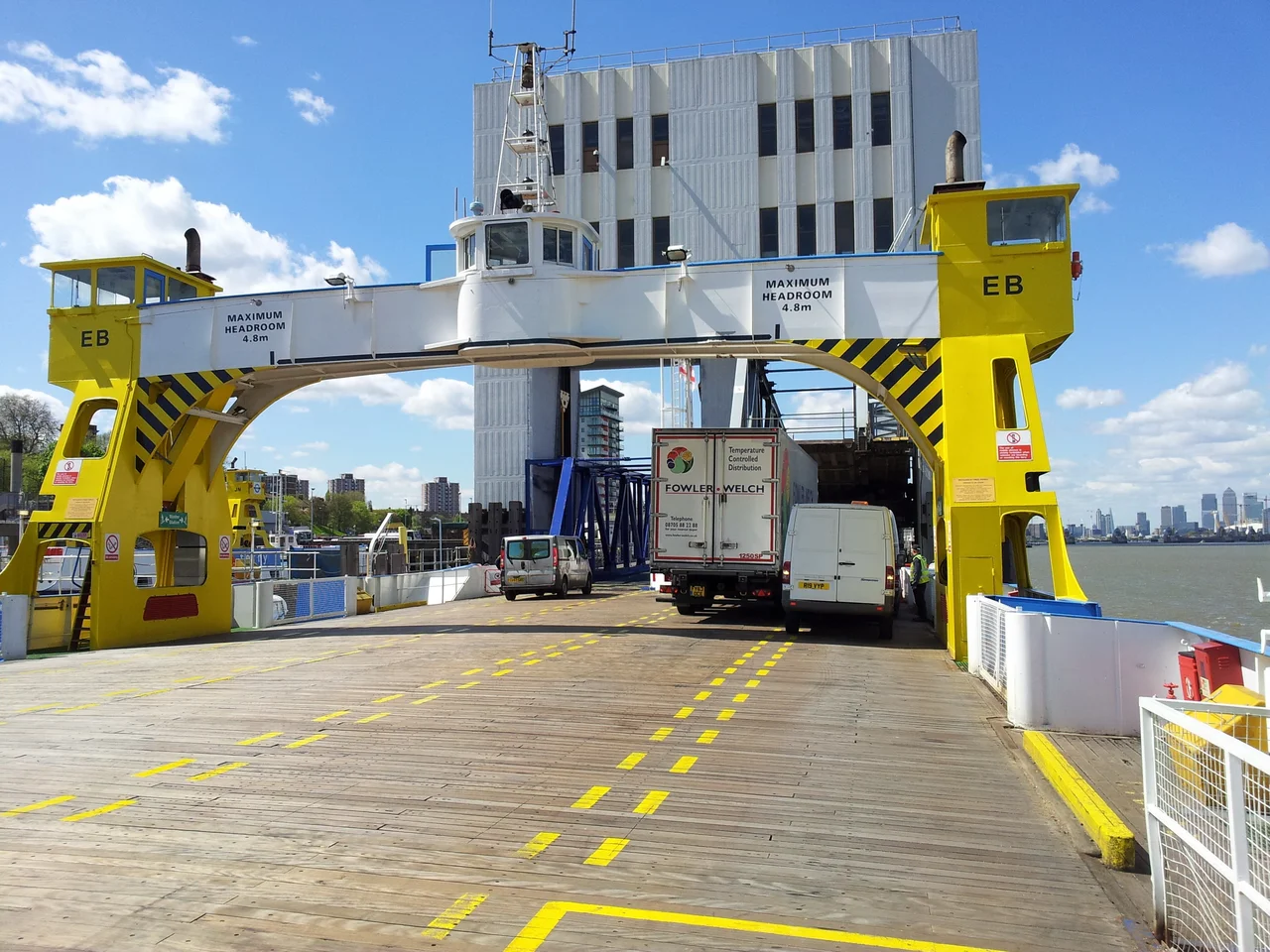 View of the Woolwich Ferry and the river Thames.