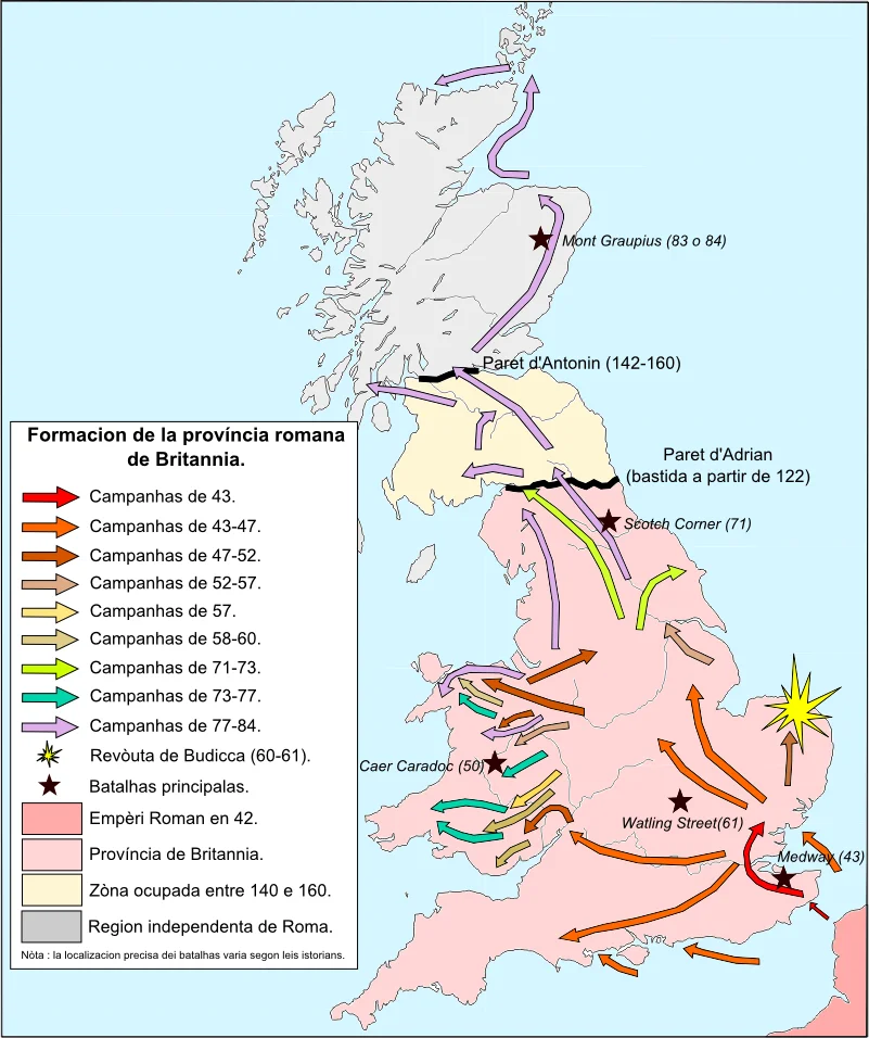 Conquista romana deis illas britanicas e formacion de la província de Britannia.