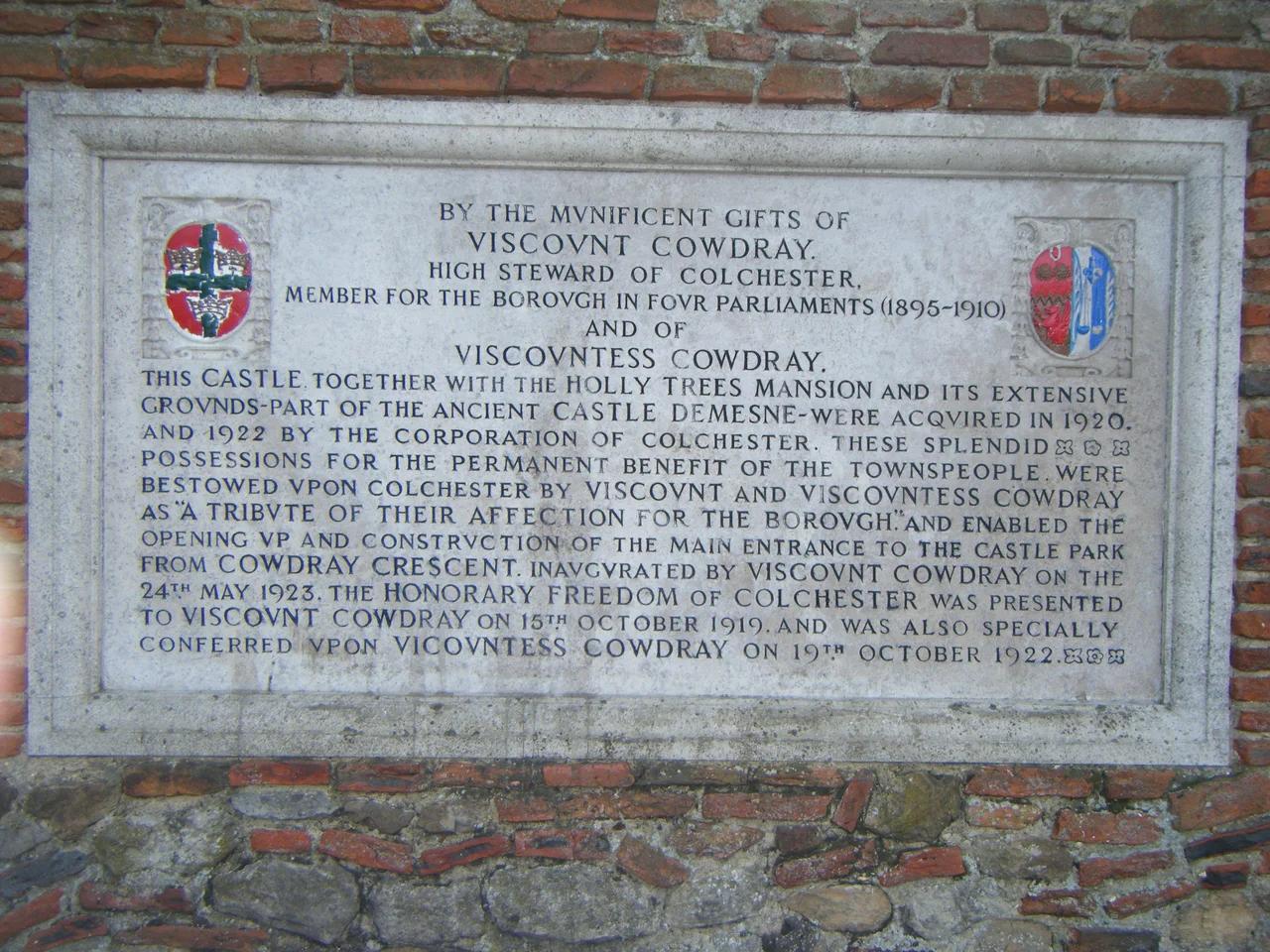 Colchester Castle plaque recording donation of Castle and other property by Viscount and Viscountess Cowdray in 1920-1922