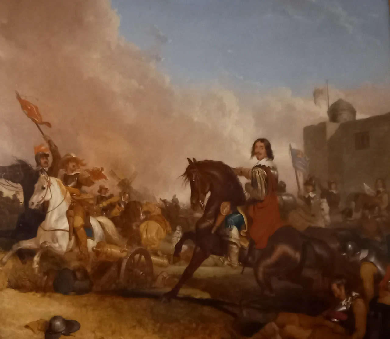 Painting by Abraham Cooper of Lord Arthur Cappell, 1st Baron Cappell of Hadham, fighting in the Siege of Colchester in 1648 during the English Civil War. Now displayed in Watford Museum.