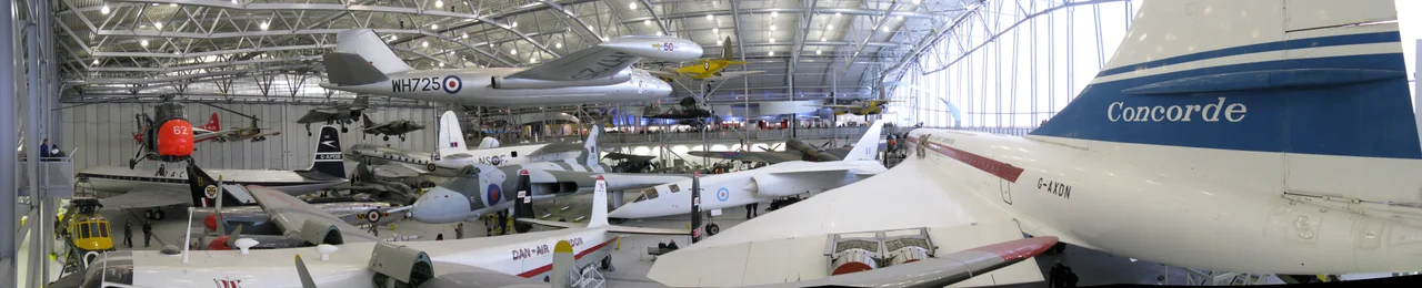 Panoramic shot of the AirSpace exhibition hall at Imperial War Museum Duxford