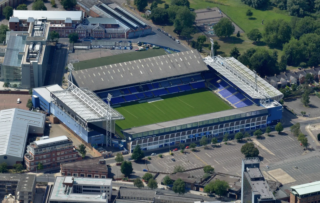 Portman Road - Ipswich Town football club ground - Suffolk aerial