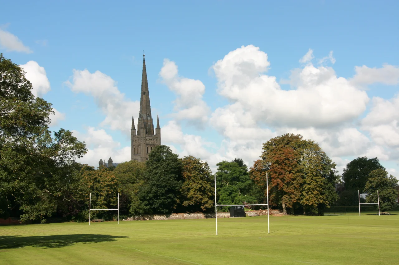 Lower Close, Norwich, Norfolk, with the cathedral steeple beyond