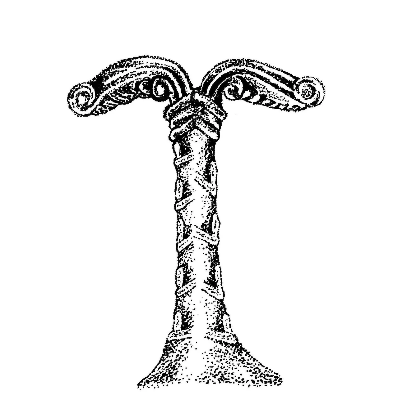 The upright Irminsul drawn according to the description of old sources and based on the depiction of a broken tree in the Descent from the Cross relief on the Externsteine.