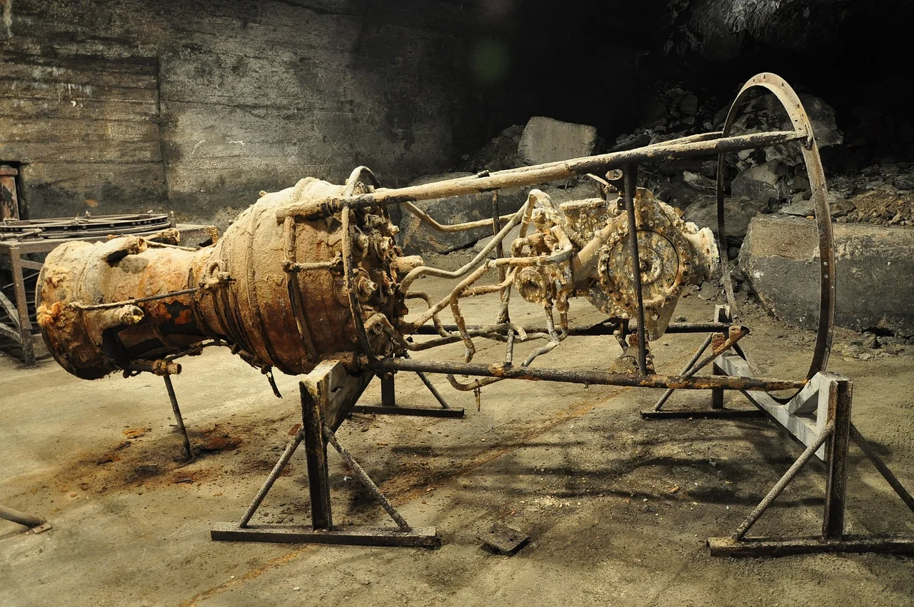 A rusty V2 rocket engine in the underground production facilities of the Nazi concentration camp Dora-Mittelbau (Nordhausen, Thuringia, Germany). V1's and V2's were produced here from january 1944 by camp inmates in enormous tunnel systems with a total length of some 20 km.