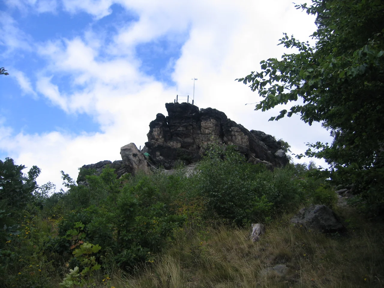 The rock formation on the Teufelsmauer known as the Großvater ("grandfather") which overlooks Blankenburg just north of the Harz Mountains of Germany.