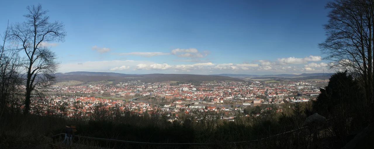 Panoramic view over the city of Hameln (Hamelin) in Germany. This photo is stiched together from 5 pictures. It was shot with the help of a polarization filter and a tripod.