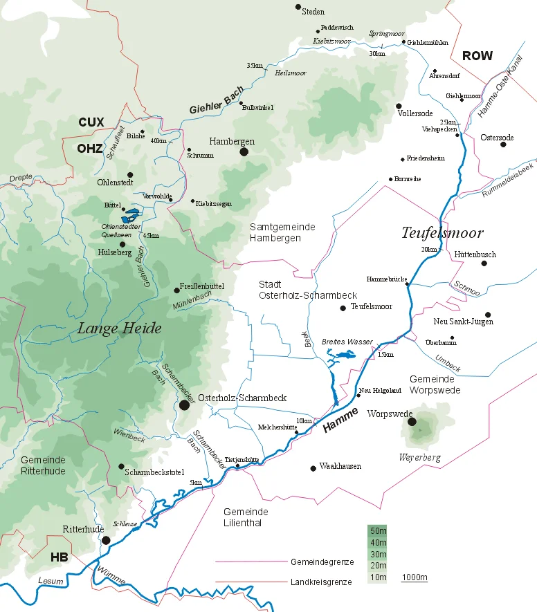 Course of the River Hamme and relief map of the southern Wesermünde Geest in the "Lange Heide" region with sources of the streams. Course of the Giehler Bach to the Teufelsmoor and tributaries of the Hamme, Lower Saxony, Germany.