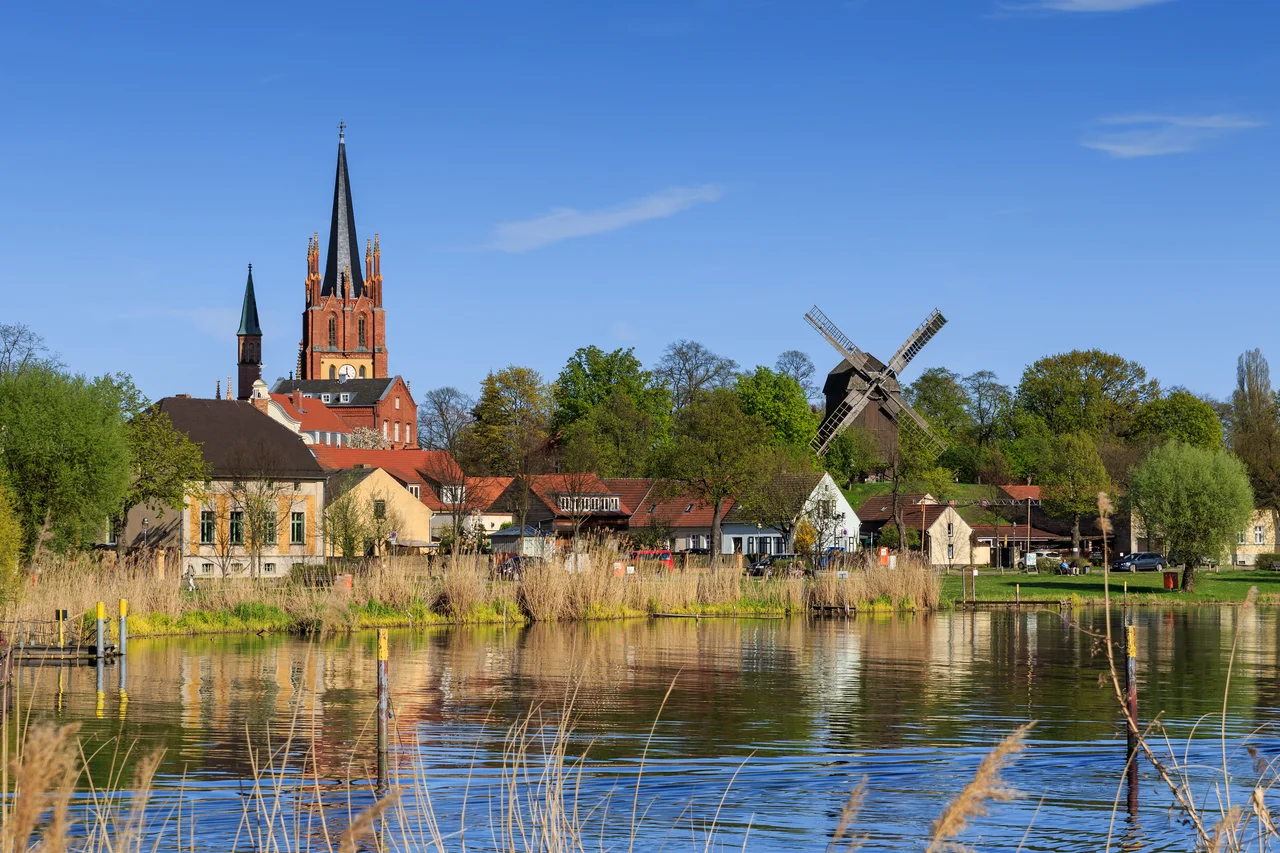View towards the Holy Spirit Church and the windmill in Werder (Havel), Brandenburg,
Germany