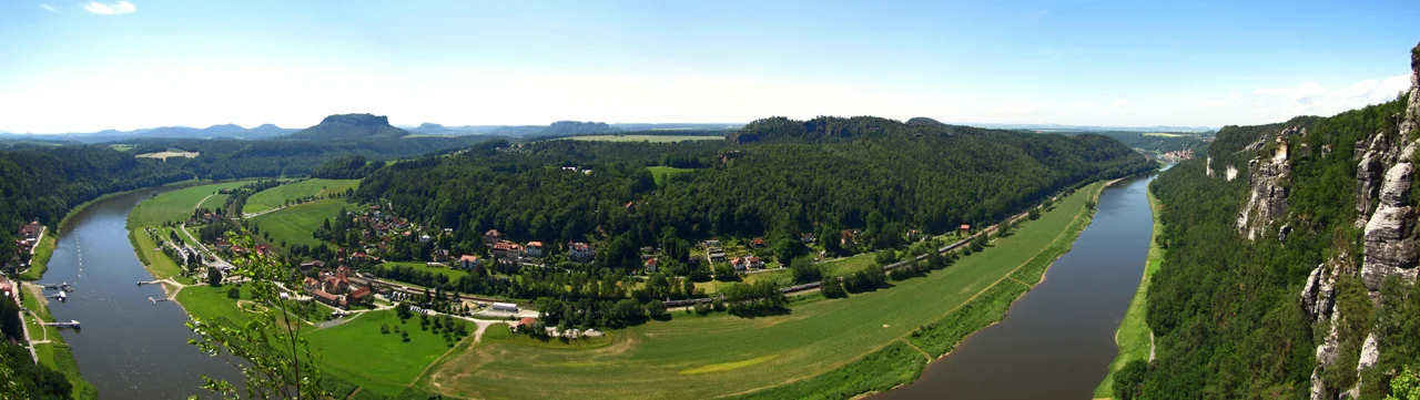 Panoramic view from the Bastei in Saxon Switzerland (Germany) over the Elbe valley