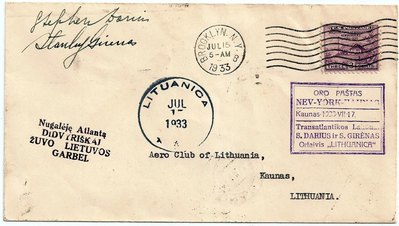 Flight cover autographed by pilots Steponas Darius &amp; Stasys Girenas of the ill fated1933 Lituanica