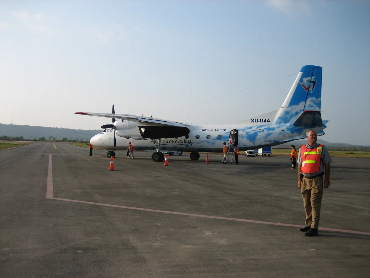 PMTAir Antonov An-24 with tail number XU-U4A at Sianoukville International Airport. Taken Jan 2007 after what was one of the first flights after the reopening of the airport.
Five months later, on 25 June 2007, this plane tragically crashed near Bokor while on approach to Sihanoukville.