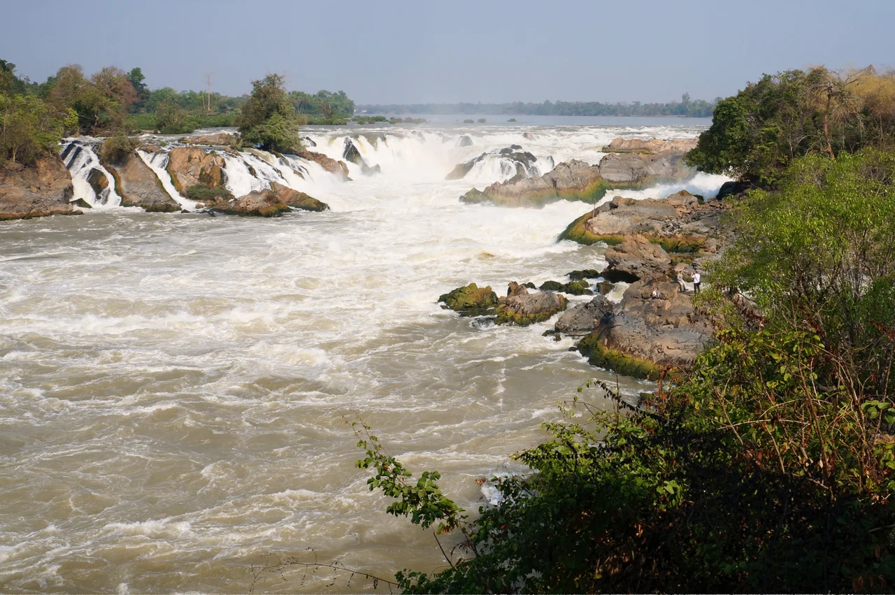 Khone Phapheng Falls, Si Phan Don, Laos. Located on the Mekong River near the border with Cambodia, at 10.7 kilometres (6.6 mi) wide, it is the widest waterfall in the world.