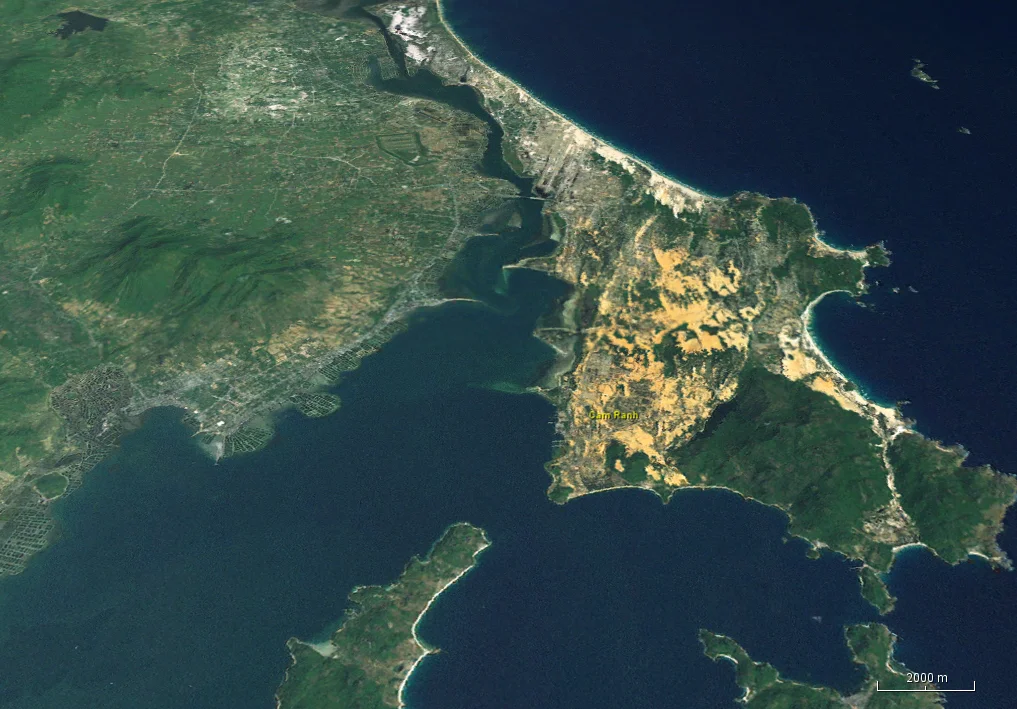 Image showing Cam Ranh Bay in Vietnam. Cropped from the image in NASA Worldwind, Landsat image with elevation information. Image height is 15 km.