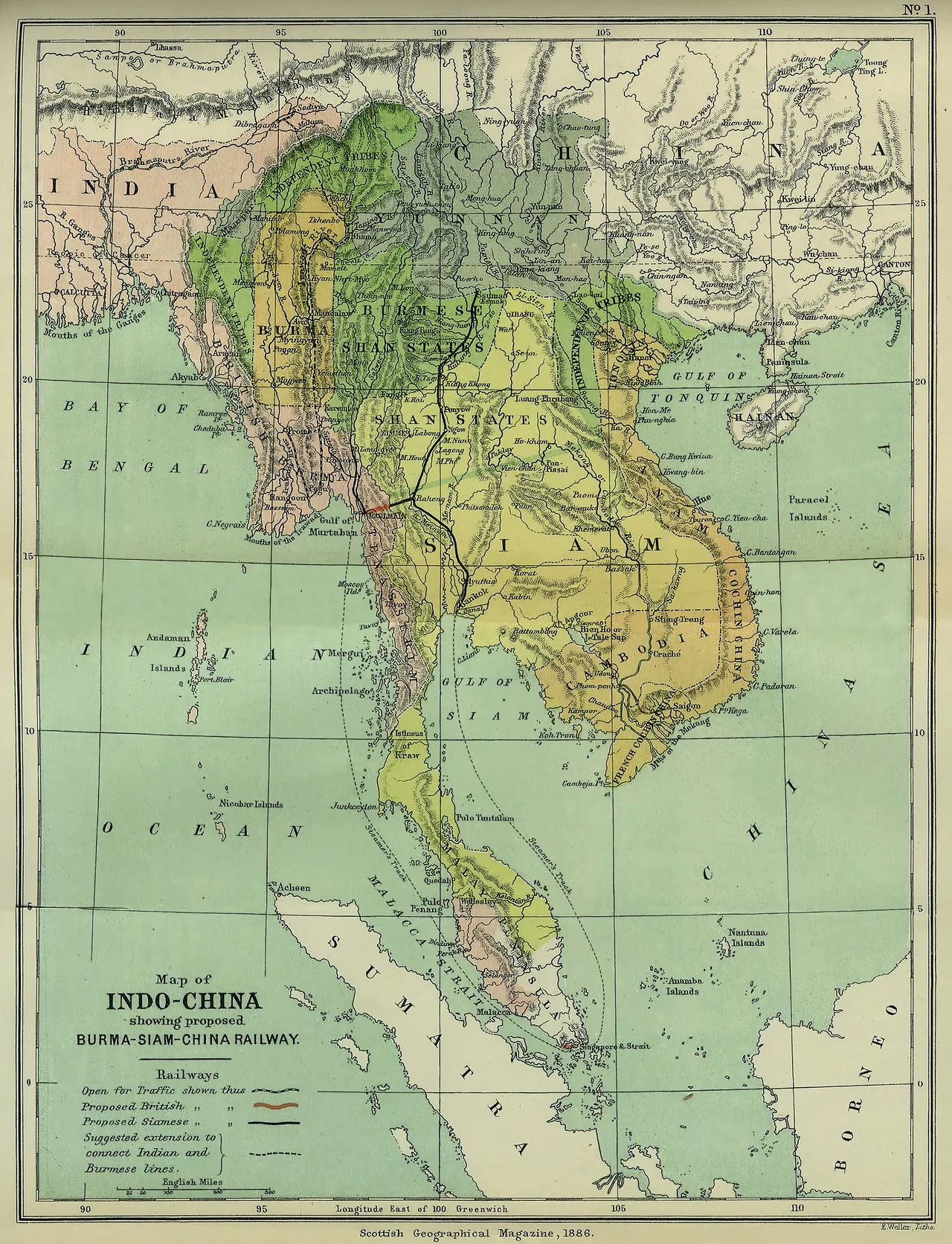Title: 'Map of Indo-China showing proposed Burma Siam China Railway.' The black line is the proposed Siamese railway from Bangkok to Yunnan and the Gulf of Martaban. The red line is the proposed British railway in British Burma. A short dotted line is open for traffic between Pegu and Toungoo in British Burma. Lithograph made by the British engraver and cartographer Edward Weller (1819 – 1884).