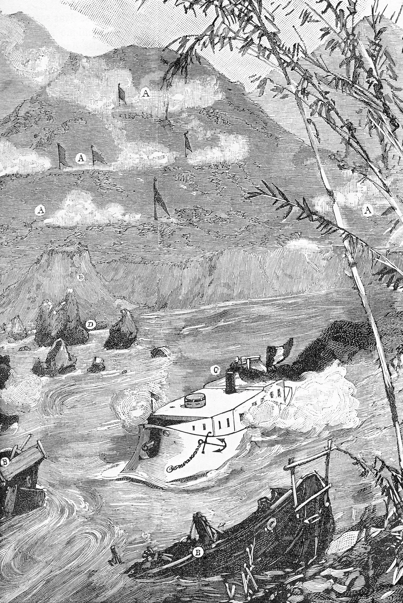 The French gunboat Revolver runs the gauntlet of the Chinese defences at Yu Oc on the Clear River, October 1884
