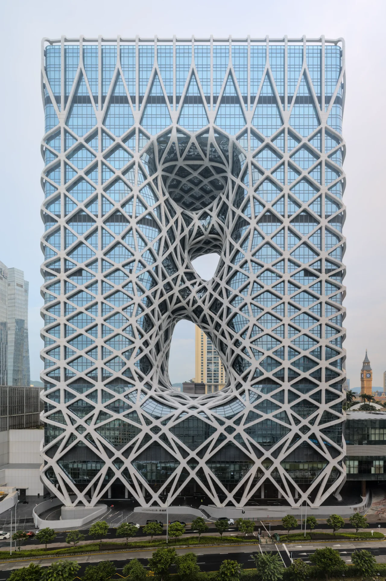 The Morpheus Hotel in Macau. The building was designed by Zaha Hadid Architects. It has no internal columns and is entirely supported by its exoskeleton.