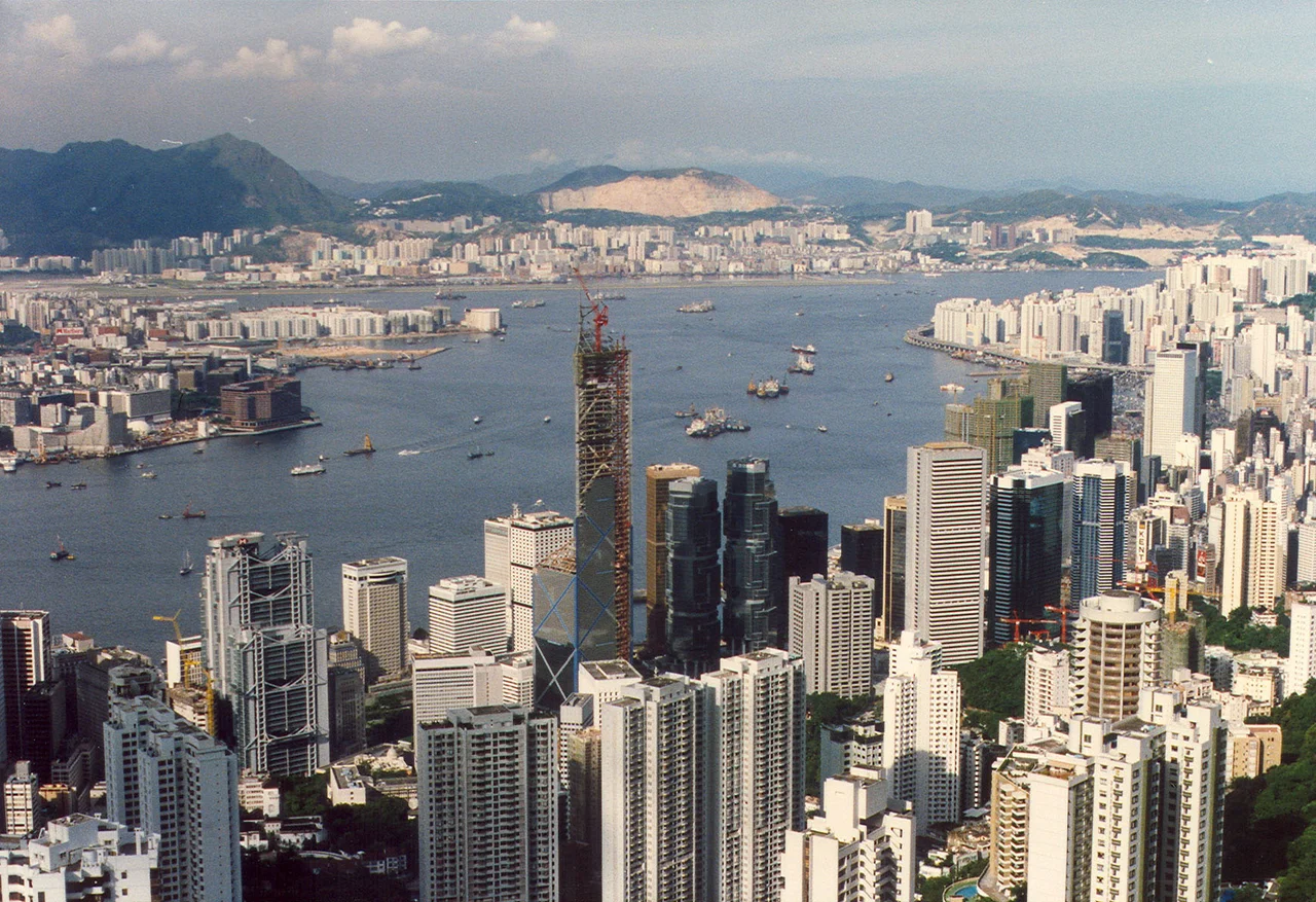 The BOCHK Bank of China Building under construction viewed from the Peak