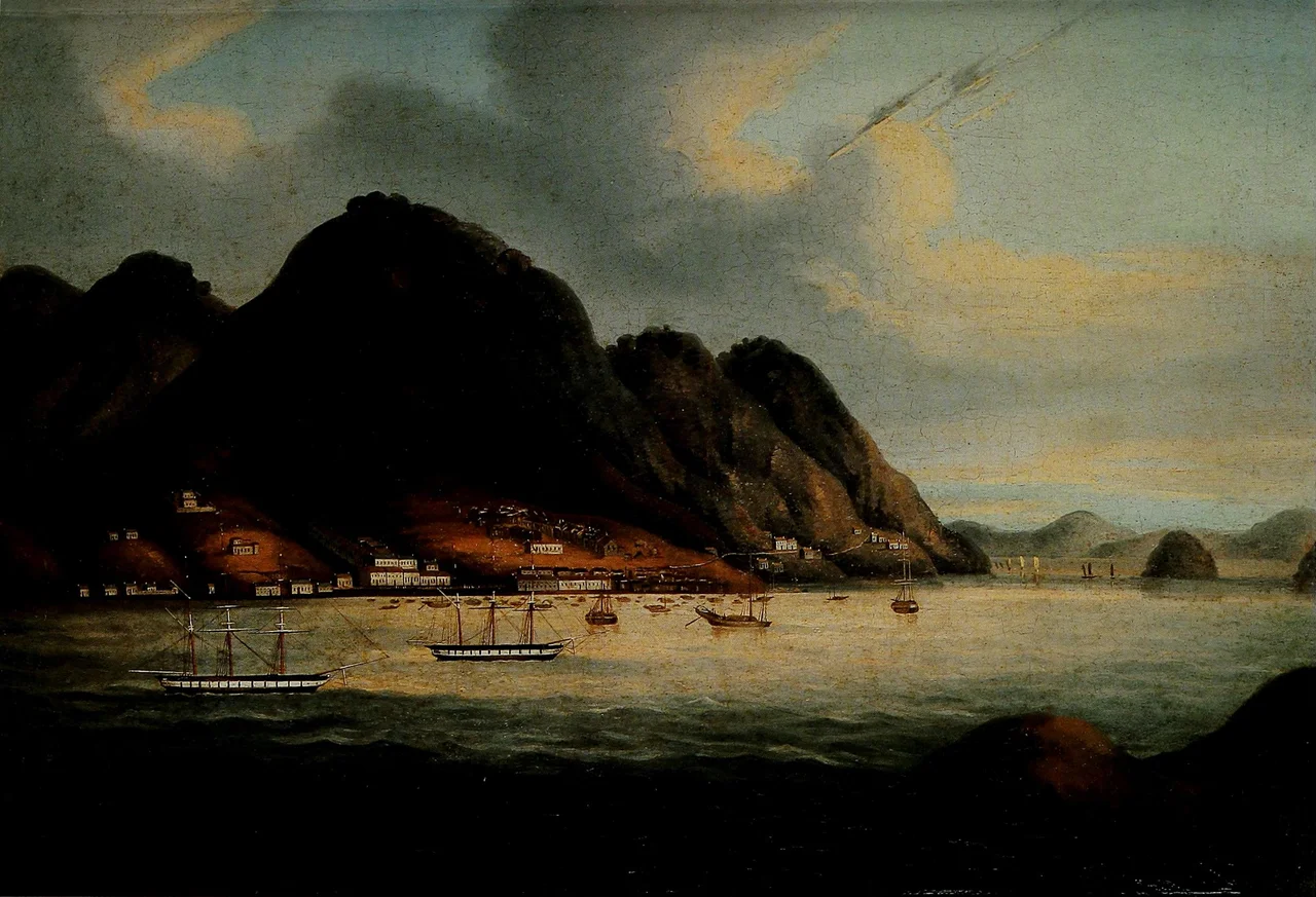 Possibly the earliest oil painting of Hong Kong Island, showing the path along the north shore (right) as it approaches the early waterfront settlement which became the town of Victoria.