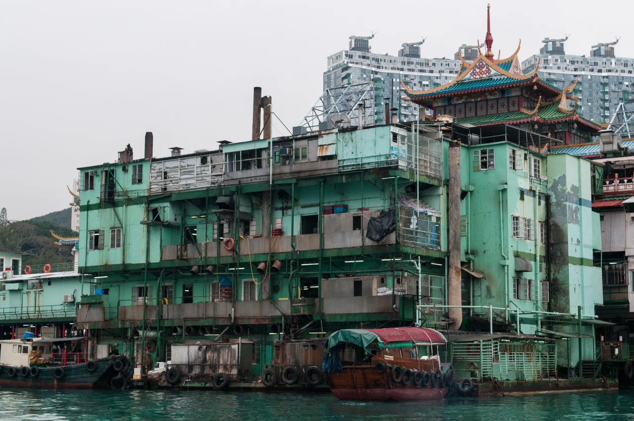 Back of Jumbo Kingdom Restaurant, Aberdeen, Hong Kong. Kitchen block