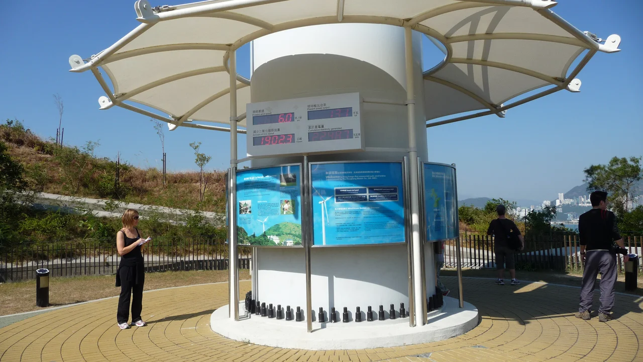 The base of the Nordex N50/800kW wind turbine on Lamma Island with displays showing current power output and cumulative energy produced