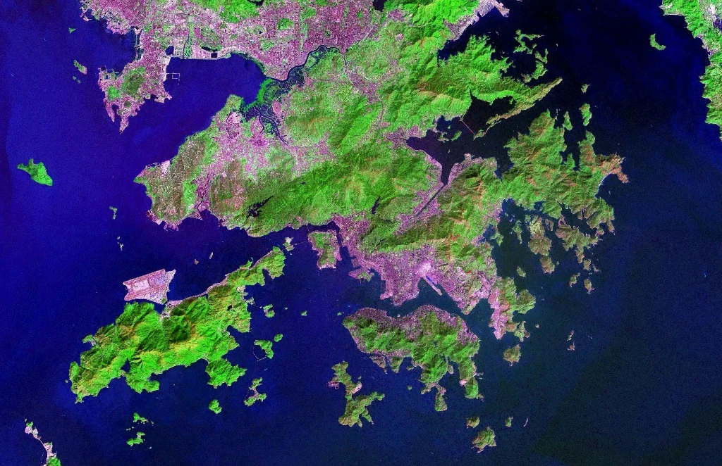 Satellite Image of Hong Kong. Urban areas are in pink, vegetation is in green.