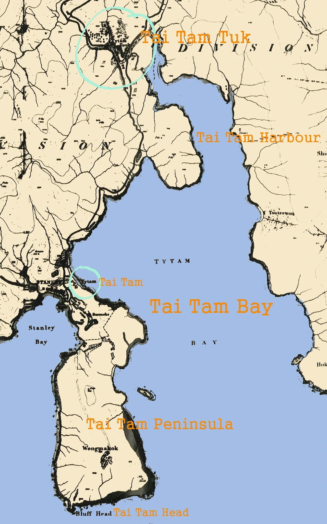 Illustrative map of Tai Tam. (png version)
(Adapted from The Ordnance Map of Hong Kong 1845 by Lieut. Collinson R. E. and John Francis Davis)
Created by en:User:HenryLi