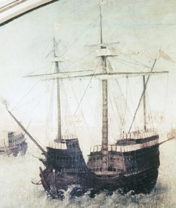 Detail of an early 16th century Portuguese carrack ("nau"), present in the Retábulo de Santa Auta polyptych, now in the Portuguese National Museum of Ancient Art in Lisbon