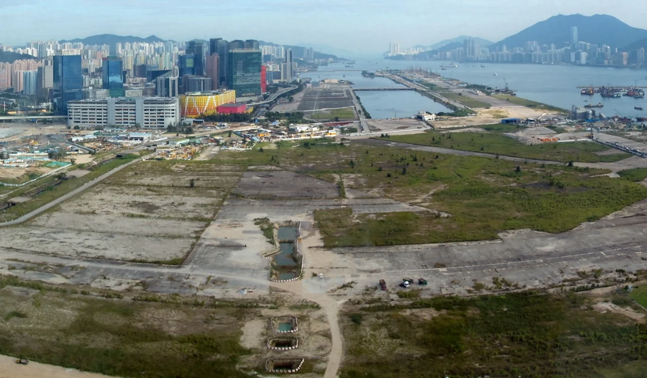 Site of the former Kai Tak Airport of Hong Kong, under redevelopment. The archaeological exacavations of the Lung Tsun Stone Bridge are visible in the foreground.