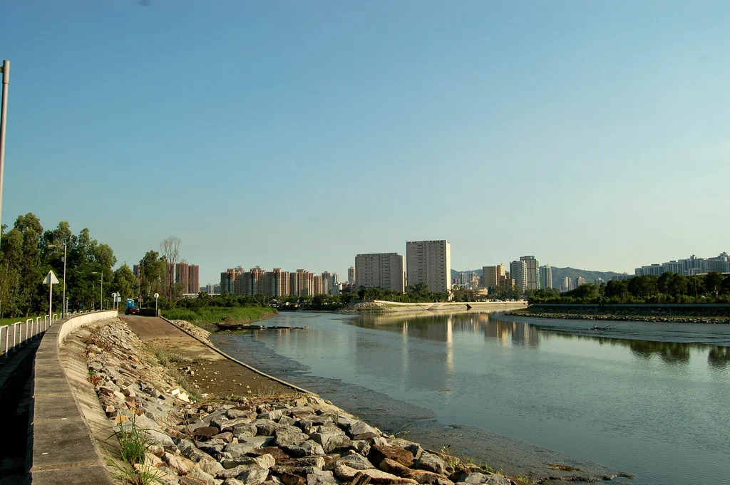 Shan Pui River Yuen Long Industrial Estate Section
Picture taken looking south from Nam Sang Wai Road, on the western edge of Nam Sang Wai.
The rivers are the confluence of Kam Tin River (left) into Shan Pui River.
The piece of land between the 2 arms of the river is the northern edge of Yuen Long Kau Hui.
The apartment buildings aligned with the Kam Tin River branch belong the The Parcville.
The 2 tall buildings on their right belong to Tung Tau Industrial Area.

The area on the right, across the Shan Pui River from Nam Sang Wai, is part of Yuen Long Industrial Estate.