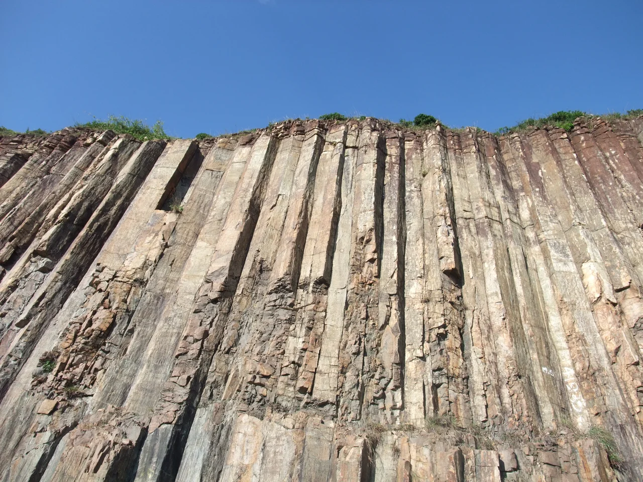 Photo of hexagonally-jointed columns of rhyolite volcanic tuffs at East Dam of High Island Reservoir