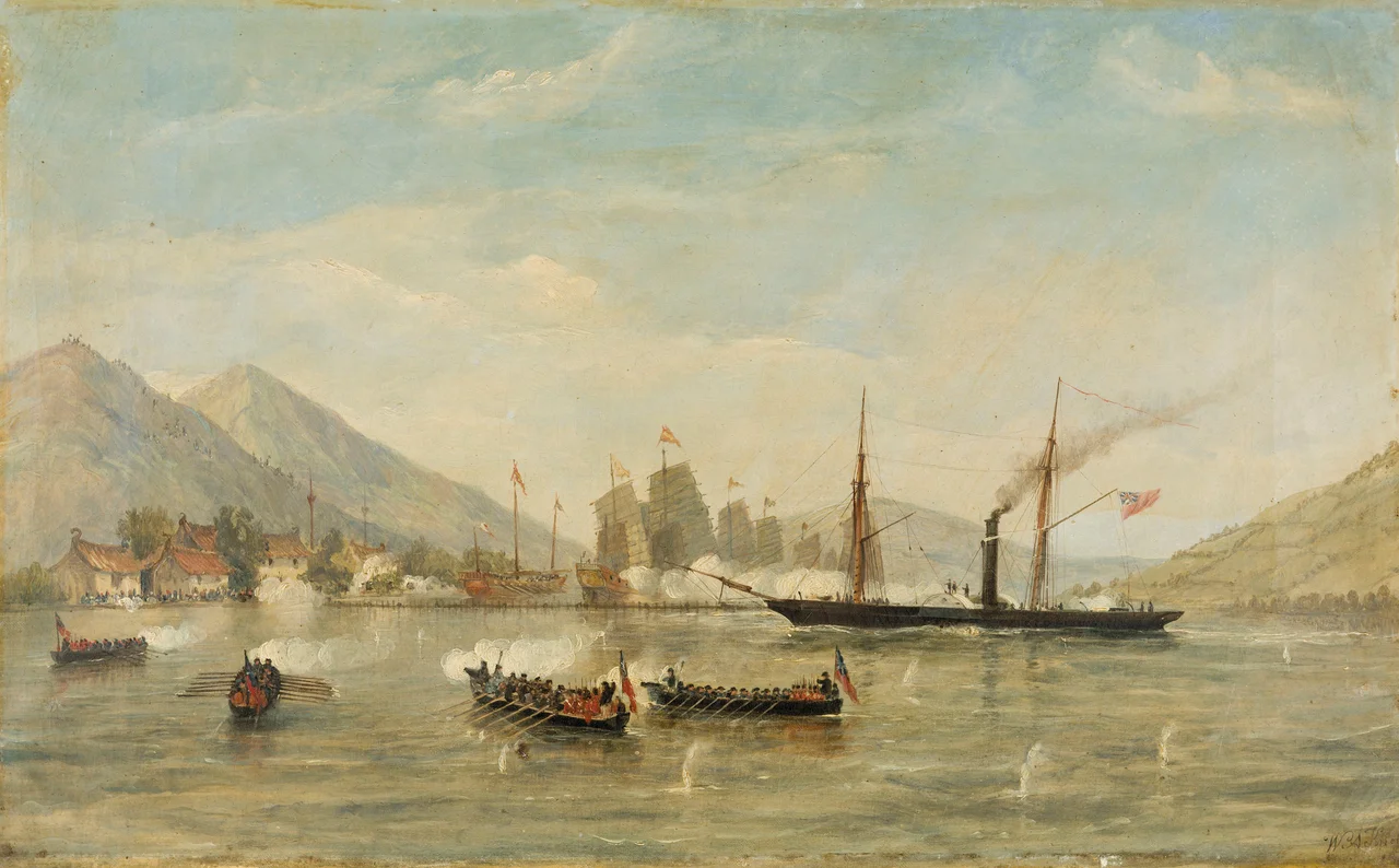HMS ‘Nemesis’ and boats attacking a masked Battery, 23 February 1841 (First Opium War)
On 23 February 1841, Nemesis in consort with pinnaces from the British ships Calliope, Samarang, Herald, and Alligator, proceeded to Anson's Bay where the Chinese had been observed making hostile preparations by placing stakes across the river. The stakes can be seen in the painting between the background junks and Nemesis. As Nemesis slowed to pull up the stakes and create a passage, a masked battery close abreast on shore opened fire.

signed ‘W.A. Knell’ (lower right), inscribed 'Admiral Lucas V.V. No 14 / H.M.S. "Nemesis" &amp; boats / attacking a masked Battery / 1897 / March. p561.' on an old label attached to the backing paper