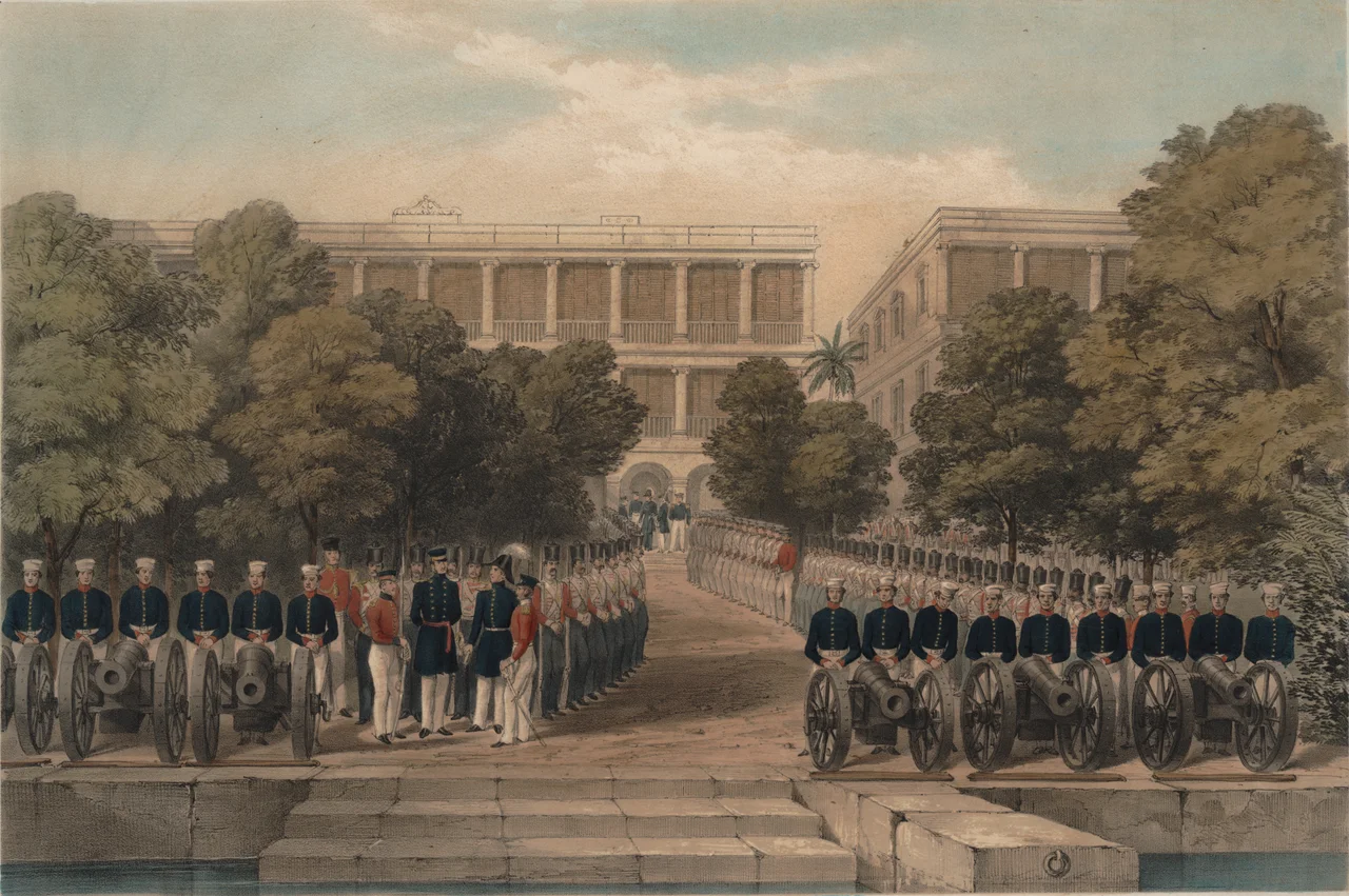 British troops at the British factory in Canton preparing to receive Imperial High Commissioner and Viceroy Keying.