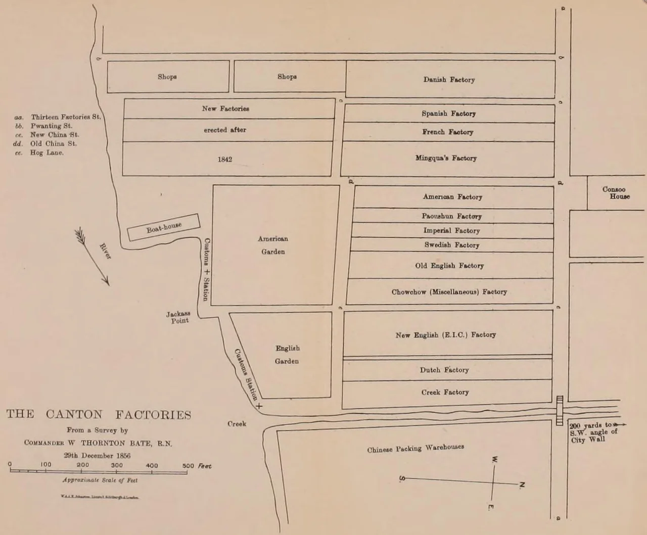 "Plan of the Canton Factories from a survey by Commander William Thornton Bate, R.N.", the condition of the Thirteen Factories at Guangzhou prior to their destruction by fire in 1856 at the onset of the Second Opium War."Imperial" refers to the Austrian Empire.