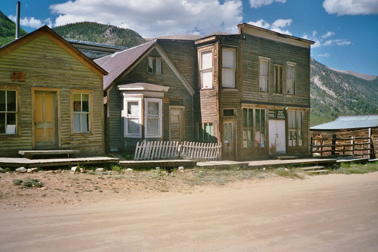 Scene in the ghost town of St. Elmo in Chaffee County, Colorado, United States. The entire community is listed as a historic district on the National Register of Historic Places.