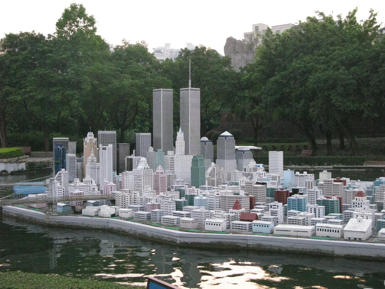 Showing Manhattan Island, with World Trade Center buildings, from the Window of the World Miniatures Park in Shenzhen, China.