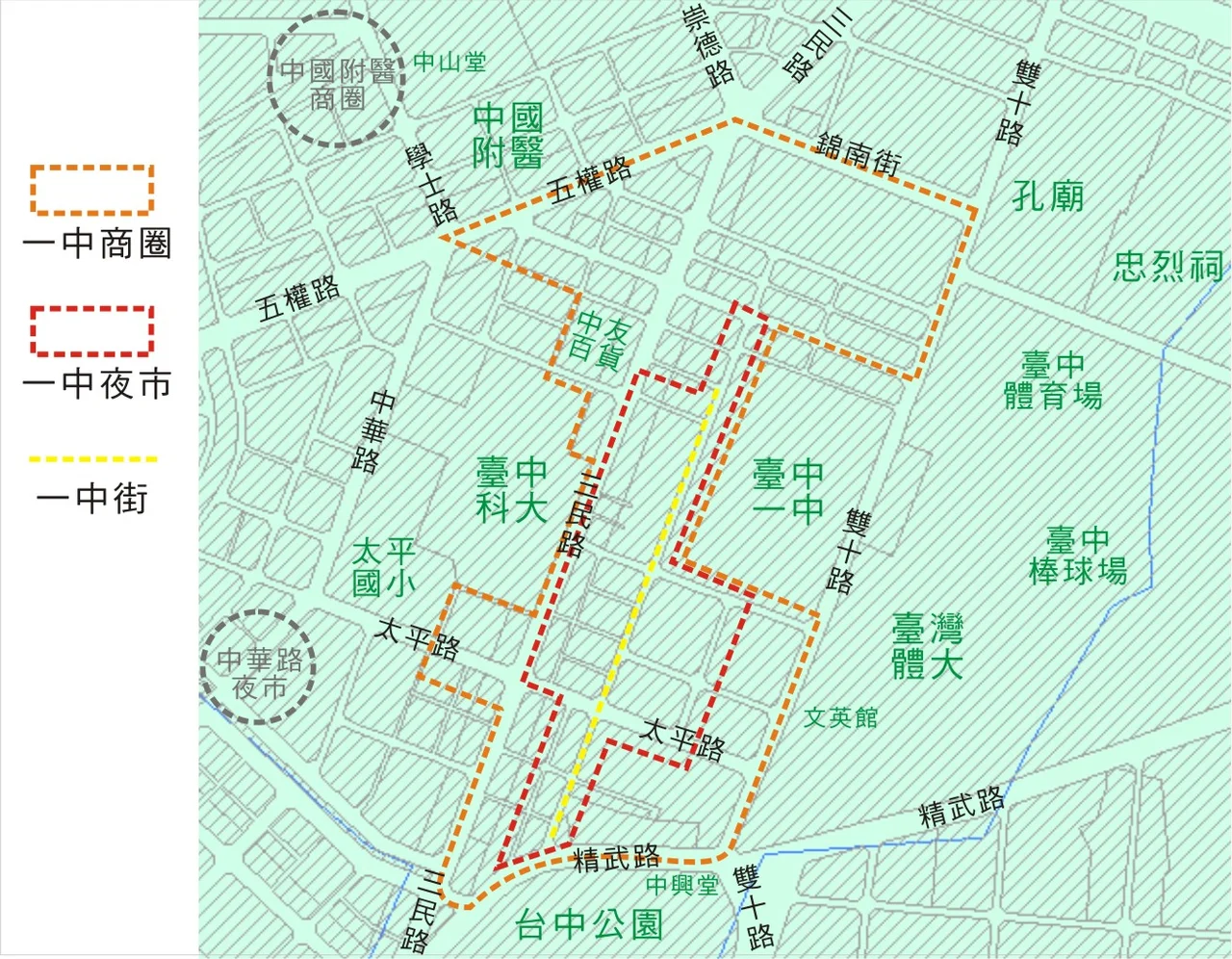 臺中市北區一中商圈示意圖。