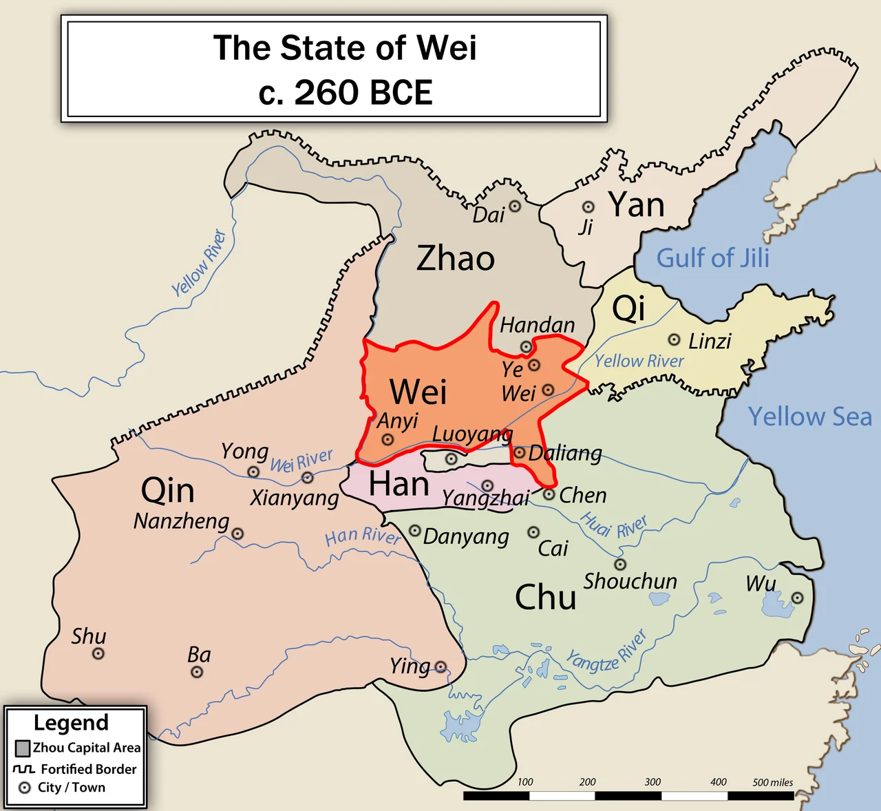 Map of China proper in with the state of Wei highlighted, 260 BCE