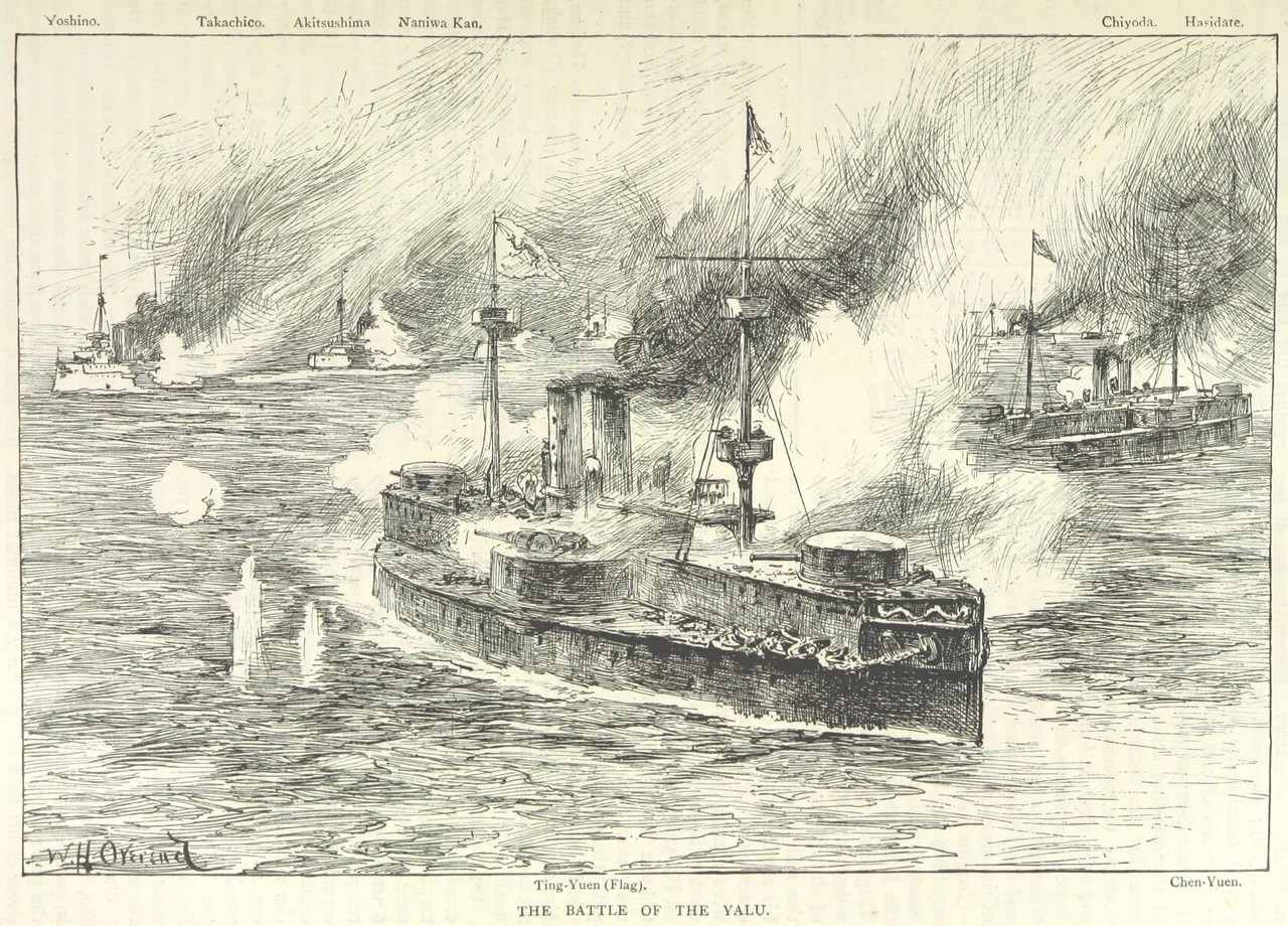 The Chinese battleships Dingyuan and Zhenyuan come under fire from the Japanese fleet at the 1894 Battle of the Yalu River.