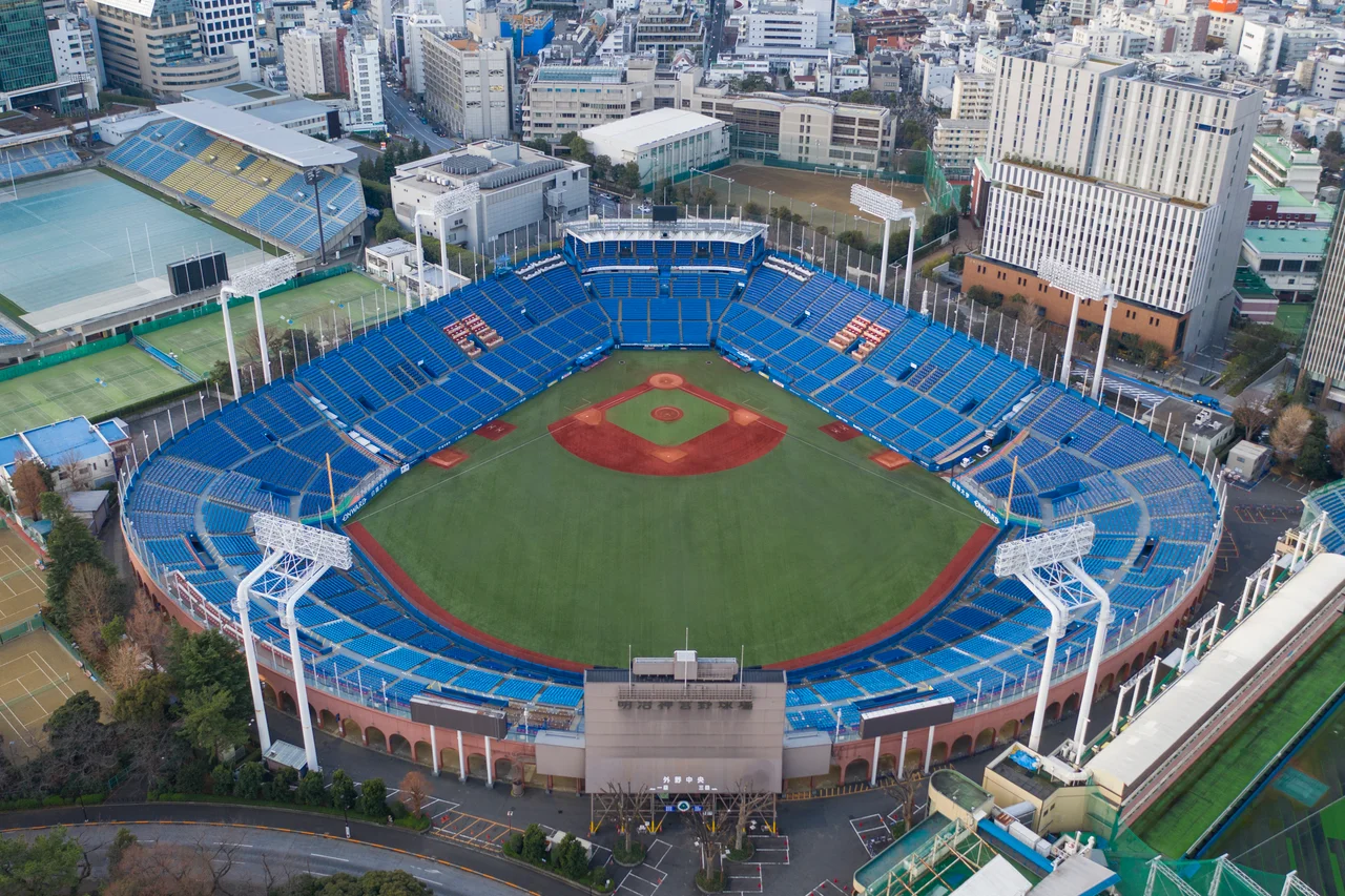 Aerial view of Meiji Jingu Stadium, Tokyo, Japan