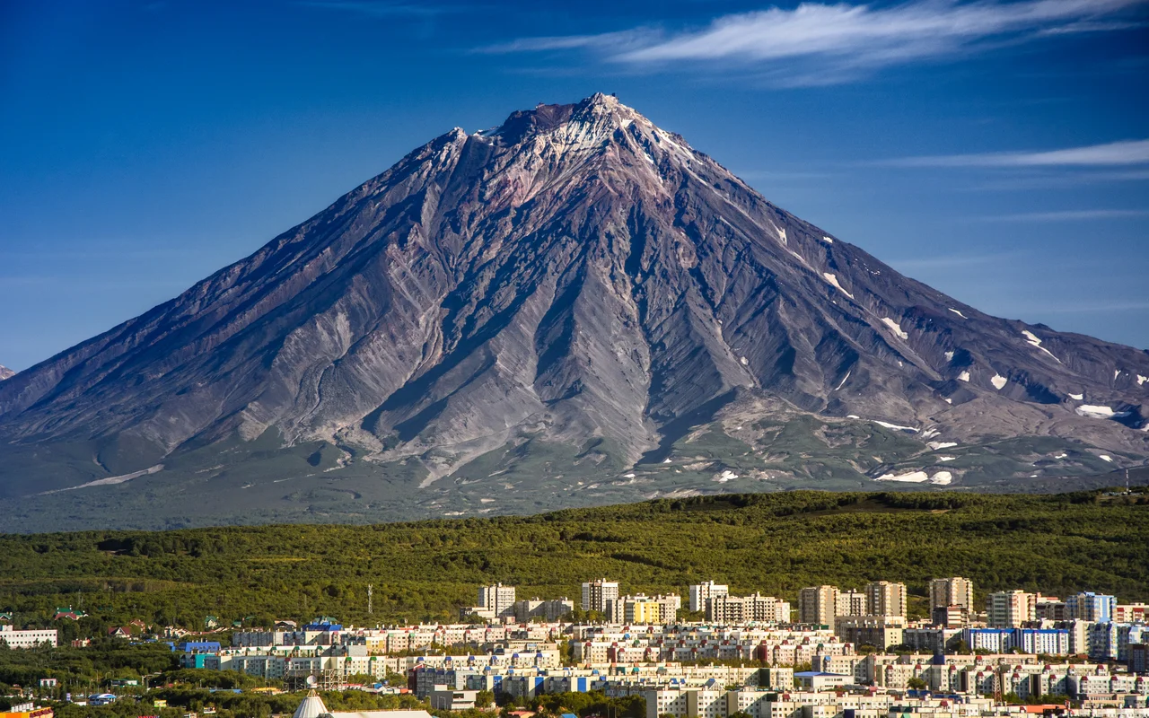 Volcano Koryaksky, Kamchatka, shot from a small hill located near the center of Petropavlovsk-Kamchatsky.